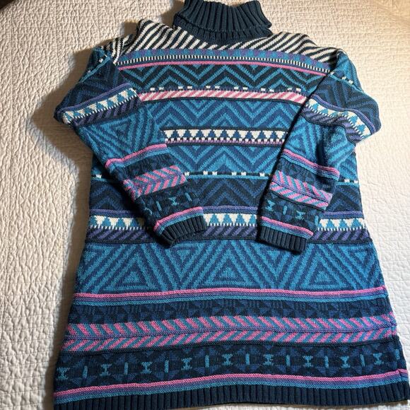 Vintage SSP Turtleneck Sweater L Ramie Cotton 80s 90s Teal Pink Purple RN 67992 - Picture 2 of 9